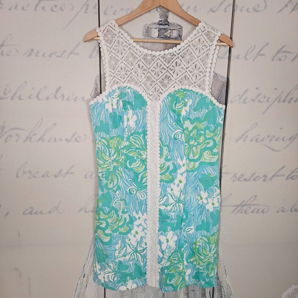 NWT Lilly Pulitzer Sofia Shift Dress Size 10 Lagoon Green Wave Rider Lace - Picture 2 of 9